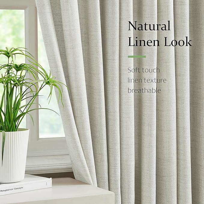 FMFUNCTEX Pinch Pleated Curtains 84 Inches Long for Living Room,Cream Beige Semi Sheer Faux Linen Textured Pleat Drapes for Bedroom with Hooks, Light Filtering Farmhouse Window Drapes 2 Panels