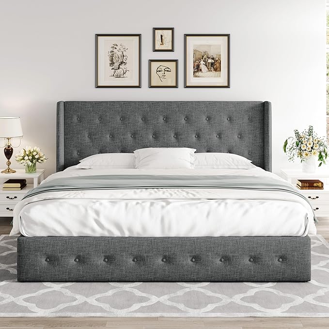 Allewie King Size Lift Up Storage Bed, Button Tufted Headboard with Wingback, Hydraulic Support, No Box Spring Needed, Dark Grey