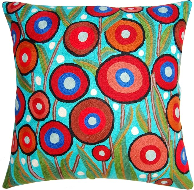 Floral Poppy Pillow Cover - Turquoise Suzani Poppies Accent Chair Cushion - 18x18 Inch Hand Embroidered Wool