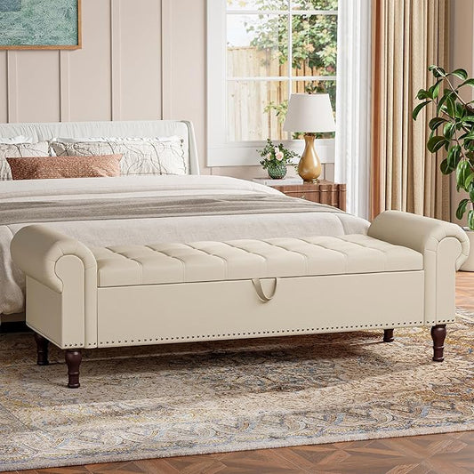 Storage Ottoman Bench for Bedroom, 60" Upholstered Bedroom Bench with Rolled Arms and Vintage Rivets, Large Storage Chest for Living Room, Bedroom, Entryway, Beige