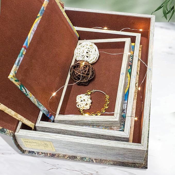 Decorative Book Box Set of 3, Fake Book Trinket Keepsake Storage Boxes with Ancient World Map Pattern, Graduation Gift