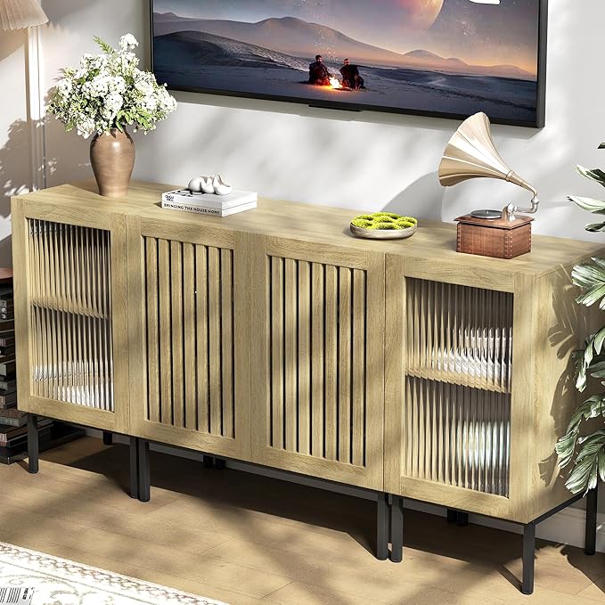 Farmhouse TV Stand for TVs up to 70 Inch, Entertainment Center TV Console with Storage Cabinets and Glass Doors,Media Console for Living Room,Oak
