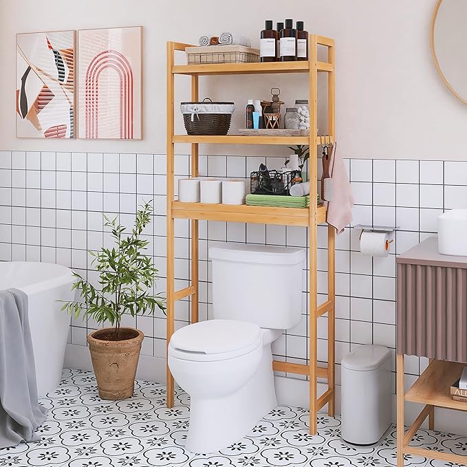SMIBUY Bathroom Storage Shelf, Bamboo Over-The-Toilet Organizer Rack, Freestanding Toilet Space Saver with 3-Tier Adjustable Shelves (Natural)