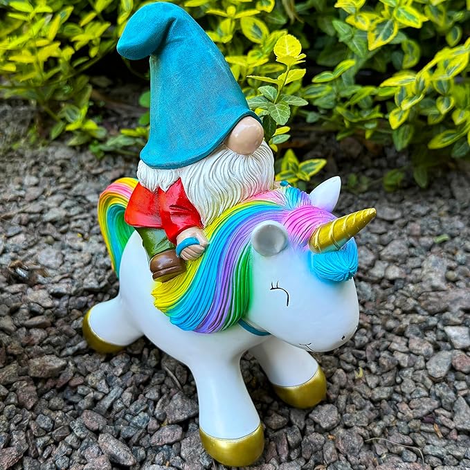 Mood Lab Garden Gnome Statue - Garden Gnome Riding Unicorn - 8.3 Inch Tall Lawn Figurine - for Outdoor or House Decor - Funny Yard & Patio Decoration