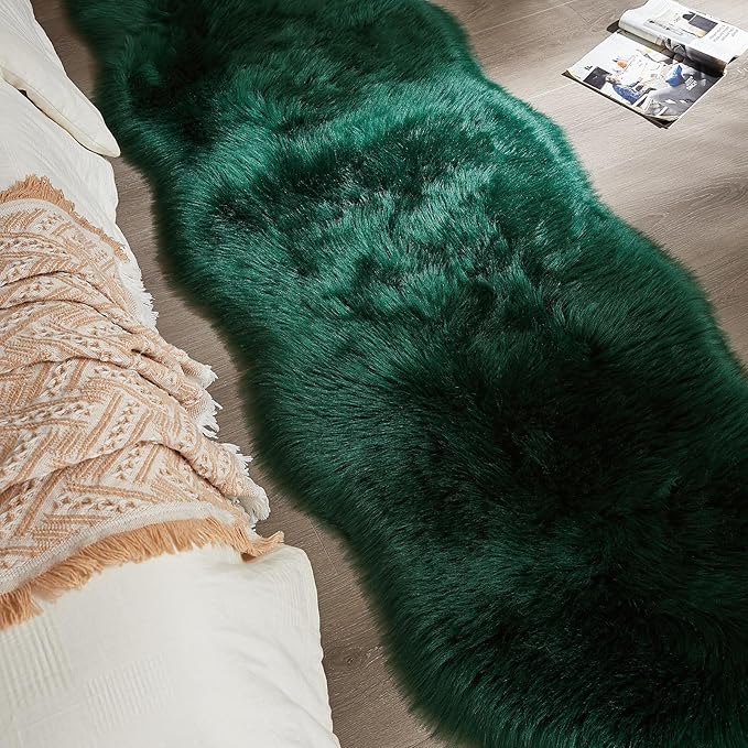 AMTOVO Faux Sheepskin Rug, Dark Green Ultra Soft Fluffy Shag Area Rug, 2 x 6 ft Faux Fur Rug for Bedroom Sofa Throw Cushion Room Decor, Sheepskin