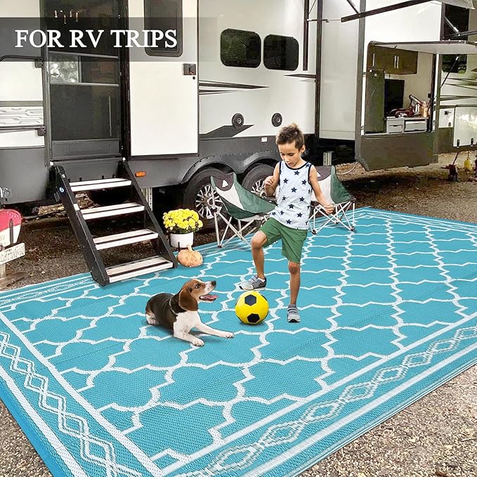 GAOMON Outdoor Plastic Straw Rug, 10'x14' Reversible Sage Green Patio Mat, Flower Modern Design for RV, Backyard, Deck, Camping, Picnic, Teal/White(Geometric)