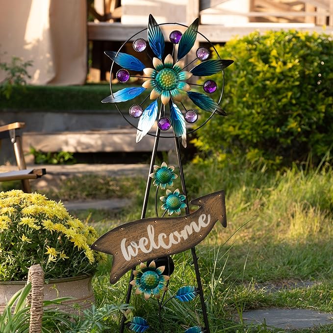 TERESA'S COLLECTIONS Peacock Garden Decor Solar Stake, Wind Spinner for Outdoor Decorations, Metal Windmill Blue Floral Yard Art Sign Decorative Garden Stake for Lawn Ornaments, Gifts for Mom, 26''