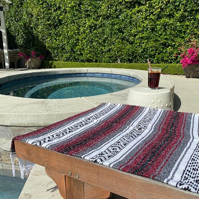 Del Mex Classic Mexican Blanket, Large Authentic Woven Falsa Throw (70"x50"), Artisan Southwest Décor for Beach, Yoga, Outdoors (Burgundy)