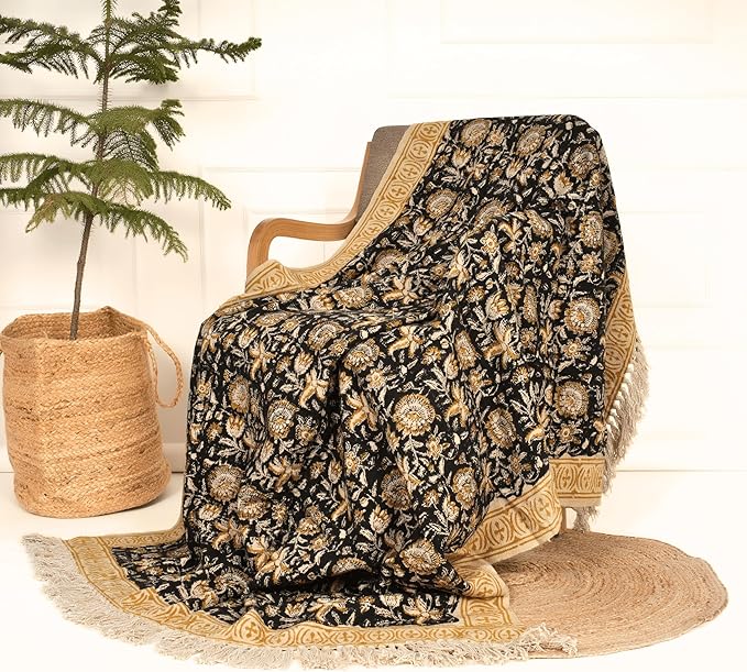Bohemian Floral Cotton Throw Blanket with Tassels | 48x70 Inch Handblock Printed Sofa Throw | Black & Gold Decorative Bed Cover | Lightweight Couch Throw for Living Room & Bedroom