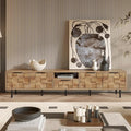Modern TV Stand for TVs up to 85", Mid-Century Media Console with Checkered Cabinet Doors, Storage Drawers & Open Shelves, Wood Entertainment Center with Metal Legs