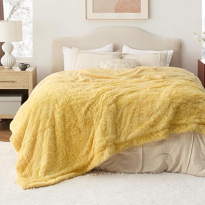 Bedsure GentleSoft Fluffy Yellow Blankets Queen Size for Bed, Thick Sherpa Faux Fur Fleece Fuzzy Plush Winter Warm Heavy Soft Full Queen Blankets, Bedroom Decor Yellow Cozy Gifts for Women Men, 90x90