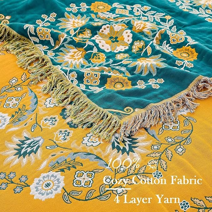 Boho Throw Blanket, 100% Cotton Ultra Soft Luxury Throw Rustic Quilt, Floral Printed Farmhouse Decor Bed Summer Blankets, All Season Rustic Reversible Bohemian Throw for Bed (90"x98" Yellow