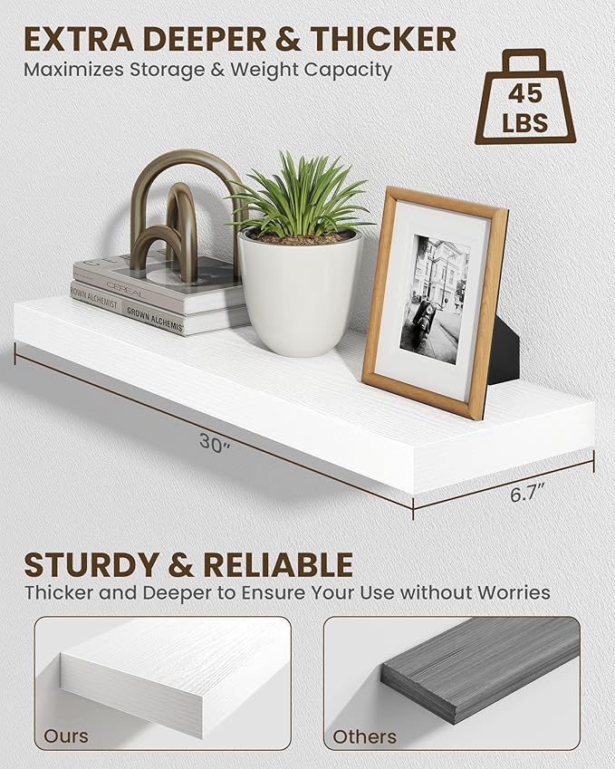 Marsmiles 30" Floating Shelves for Wall, Wooden Shelves with Invisible Brackets Set of 2, Rustic Farmhouse Wall Mounted Shelf for Kitchen Bathroom Living Room Study, White