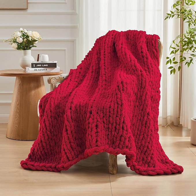Carriediosa Chunky Knit Throw Blanket 50" X 60", 100% Hand Made Large Chenille Loop Yarn Soft Fluffy Throws for Couch Sofa Bed, Big Crochet Cozy Heavy Thick Cable Woven Blankets, Red