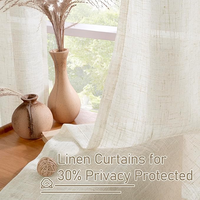 LAMIT 45 Inch Short Window Linen Curtains, Cream Ivory Light Filtering Panels Bronze Grommet Neutral Drapes for Cafe/Bathroom/Loft Room, Natural, 2 Panels, 34 x 45 Inch