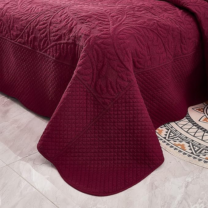 MarCielo 3-Piece 100% Cotton Oversized Bedspread Lightweight Quilt Coverlet Embroidery Farmhouse Bedding Set T0 (Wine Burgundy, Oversized King (118"x106"))
