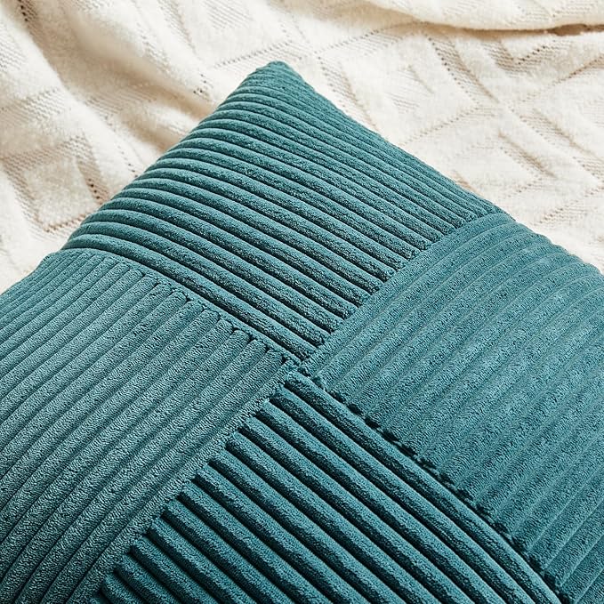 Fancy Homi 2 Packs Teal Euro Decorative Throw Pillow Covers 28x28 Inch for Couch Bed Sofa, Rustic Farmhouse Boho Home Decor, Soft Corss Corduroy Patchwork Textured Square Cushion Case 71x71 cm