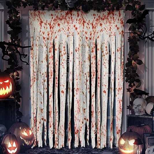 RunNico 85" x 60" 2pcs Halloween Door Curtain Decoration with Bloody Hand Prints - Bloody Doorway Curtain Halloween Creepy Cloth for Haunted House, Horror Theme Party