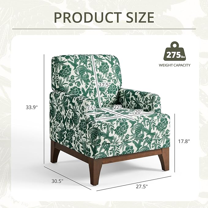 Floral Accent Armchair Set of 2, Retro Wingback Upholstered Armchair with Wide Dipped Back Design and Wooden Legs, High Back Armchair, Leisure Single Sofa Chair for Living Room, Bedroom, Green