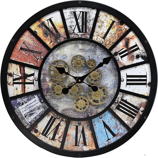Unique Moving Gear Extra Large Wall Clock 21"-Battery Powered. Retro Industrial Steampunk Country Farmhouse Decor for Living Room, Kitchen,Bars, Restaurants, cafes, Offices(Black- 21")
