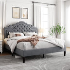 Allewie Full Size Bed Frame with Adjustable Velvet Tiara Headboard, Upholstered Diamond Button Tufted Platform Bed, Wood Slats Support, No Box Spring Needed, Light Grey