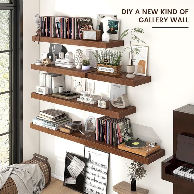 Floating Shelves - 2 Large Wall Mounted Shelves with Invisible Brackets, Long Wood Floating Wall Shelf for Living Room, Bedroom, Kitchen (Walnut, 24" W x 9" D x 1.5" H)
