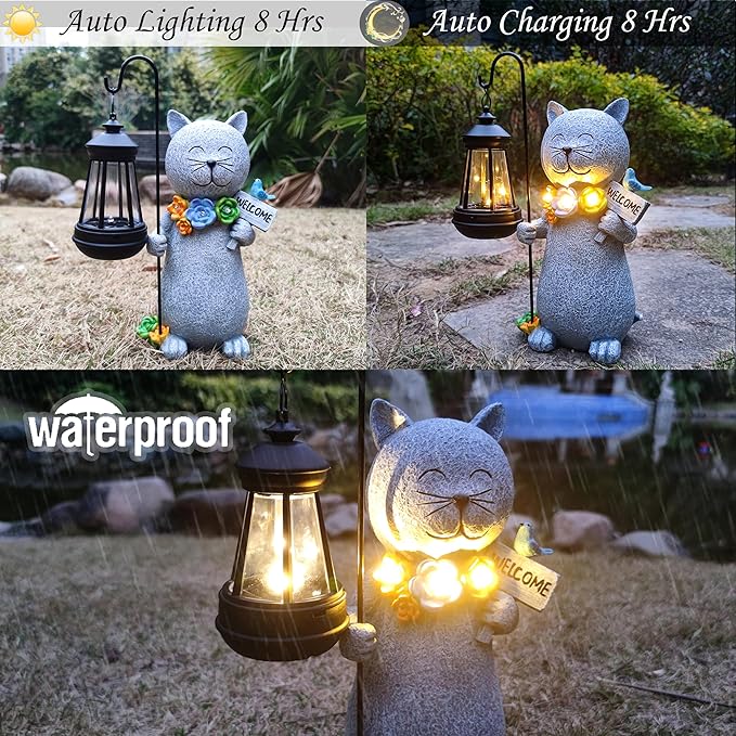 Solar Cat Garden Statues Outdoor Décor with Lantern- Cat Figurines Solar LED Light Lawn Ornaments - Yard Decorations for Patio, Balcony, Backyard -Unique House Warming Gifts for Mom