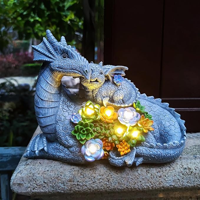 Solar Dragon Statue with LED Lights, Dargon Lover Gifts with Succulent and 6 LED Lights for Outdoor,Solar Dragon Decor for Yard, Garden and Patio, Unique Garden Statue for Mom Grandma