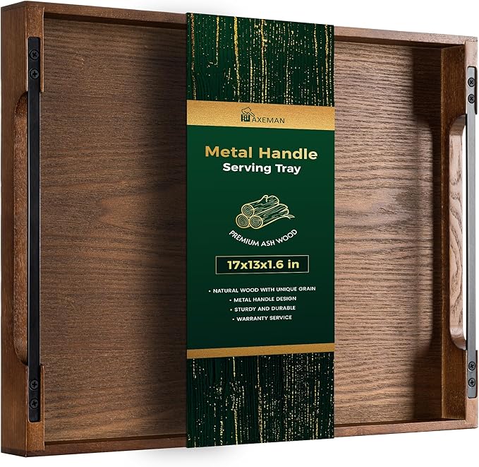 Axeman Wooden Serving Tray with Metal Handles|Ottoman Tray for Breakfast, Bed, Couch|17x13in Ash Wood Coffee Table Trays|Food Drinks Decorative Storage Boards for Ottoman Kitchen, Walnut