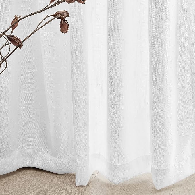 MYSKY HOME Patio White Curtains for Sliding Door, Living Room Curtains & Drapes Soft Cotton Farmhouse Window Treatments 90 inch Length 2 Panels Set Linen Look Semi Sheer Draperies, 50" W x 90" L