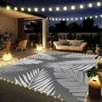 GENIMO Outdoor Rug 9' x 12' Waterproof for Patios Clearance, Reversible Outdoor Plastic Straw Camping Rug Carpet with LED String Light, Area Rugs Mats for RV, Camper, Deck, Balcony, Porch, Grey&White