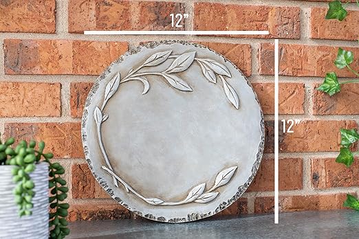 NAT & Jules Floral Laurel Wreath Leaves Pattern Dimensional Indoor Outdoor 12 inch Round Cast Resin Decorative Garden Stepping Stone, Patio, Walkway Sculpture Yard Art, Grey