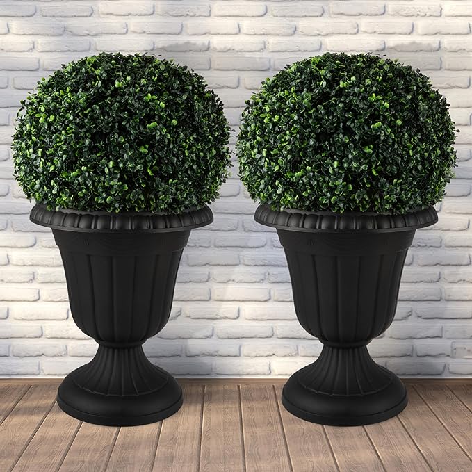 Pure Garden Outdoor Planter 2-Pack - 16x18-Inch Urn Planters - Plastic Plant Pots for Indoor, Outdoor, or Front Porch Decor - Flower Pots (Black)
