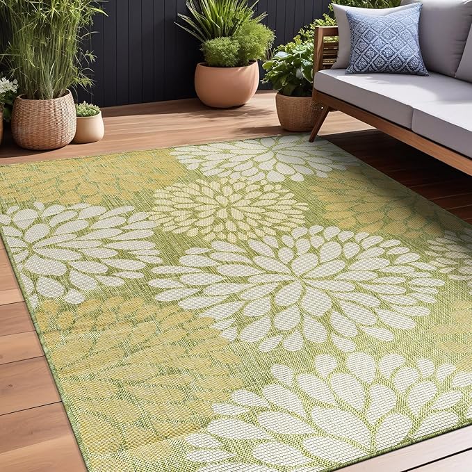 Beverly Rug Outdoor Rug 9x12 Modern Exotic Tropical Leaf Area Rugs for Indoor and Outdoor Patio Deck Porch Garden Water Resistant Washable Outside Carpet (9 x 12 Green)