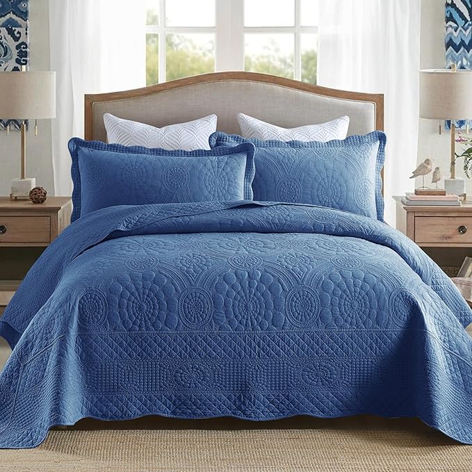 MarCielo 3-Piece 100% Cotton Oversized Bedspread Lightweight Quilt Coverlet Embroidery Farmhouse Bedding Set (Tf Midtone Blue, Oversized Queen (100"x106"))