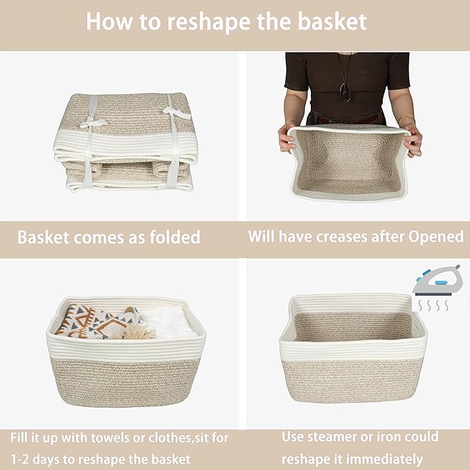 Cotton Rope storage Basket Bins Woven Basket for Organizing Shelves Rectangle Decorative Baskets For storage Clothes Toys Books Towels Square Wicker Nursery basket organizer 3 pack white and brown