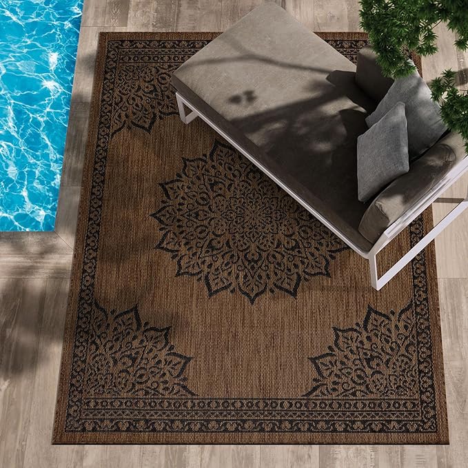 CAMILSON Outdoor Rug 8x10 Medallion Nut Brown Black Modern Area Rugs for Indoor and Outdoor Patios, Kitchen and Hallway Rug, Washable Porch Deck Outside Carpet (8 x 10)