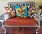 Turquoise Van Gogh Sunflower Pillow Cover Teal Floral Sofa Pillowcase Flower Chair Cushion Accent Throw Flowery Outdoor Pillows Farmhouse Couch Handmade Wool Size 18x18
