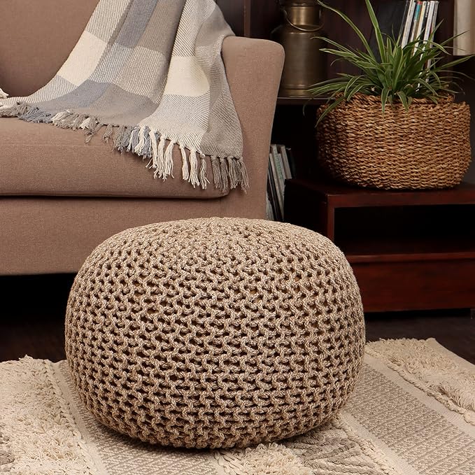 REDEARTH Round Pouf Ottoman - Hand Knitted Cable Boho Poof Home Décor Pouffe Circular Footrest for Living Room - Nursery - Bedroom - Lounge 100% Cotton (18”x18”x14”) - Beige Ivory