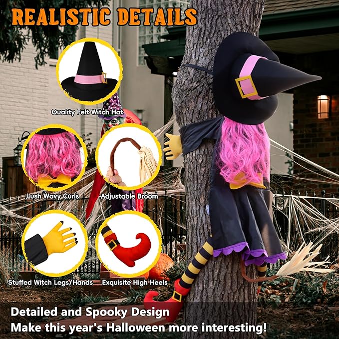 POPGIFTU 51" Halloween Crashing Witch Decoration – Pink Flying Witch for Tree, Yard, Porch, and Indoor Outdoor Halloween Décor