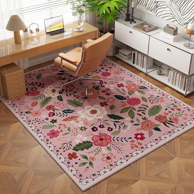 Area Rug 4x6 Rug Washable Boho Rugs Non Slip Low Pile Floral Small Carpet for Bedroom, Bedside, Kids Room, Office, Dining Room(Pink)