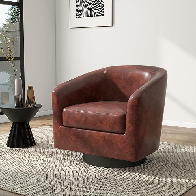 Swivel Barrel Accent Chair, Modern Round Faux Leather Arm Chair for Living Room, Bedroom, Comfy Club Reading Chairs for Adults(Faux Leather, Red Brown, Set of 1)