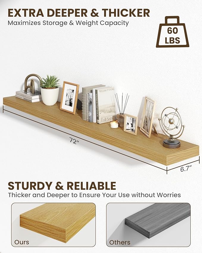 Marsmiles 72" Floating Shelves for Wall, Wooden Shelves with Invisible Brackets Set of 2, Rustic Farmhouse Wall Mounted Shelf for Kitchen Bathroom Living Room Study, Natural Oak