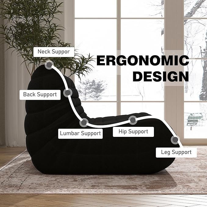 Bean Bag Chair, Loveseat Fireside Chair Bean Bag Sofa Large Bean Bag Chair for Adults, 2 Seater Bean Bag Chairs for Teens with High Density Comfortable Foam, Bean Bag for Living Room, Bedroom (Black)