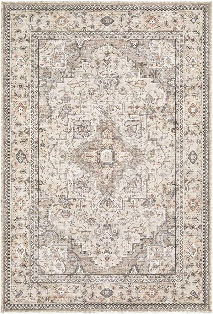 Washable Area Rugs for Living Room -2x3 Neutral Vintage Distressed Floral Farmhouse Boho Large Soft Floor Rug Indoor Non Slip Carpet for Bedroom Dining Room Office - Brown/Multi