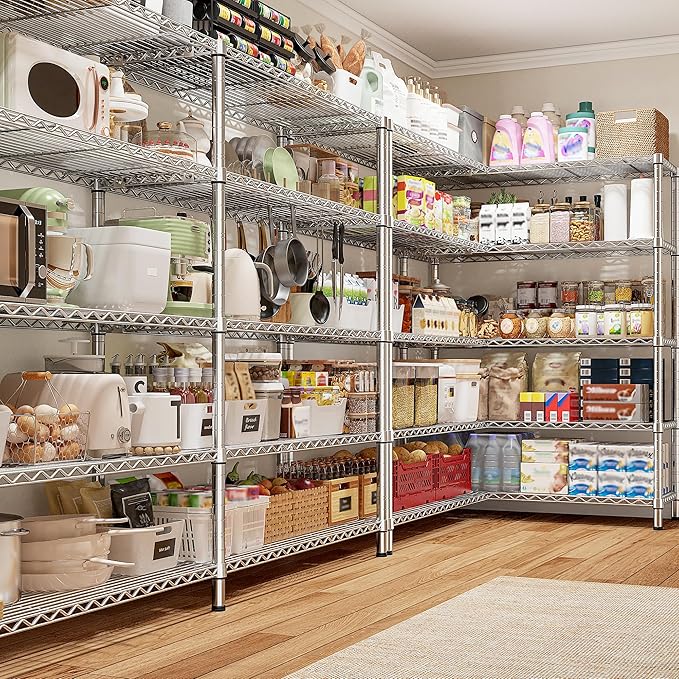 REIBII 69.8" W Storage Shelves 1510LBS Wire Shelving Unit 5 Tier Metal Shelving for Storage Rack Shelves Adjustable Heavy Duty Garage Shelf Pantry Shelves Kitchen Shelving,69.8"Wx15.8"Dx72.4"H,Chrome