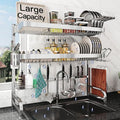 3 Tier Extra Large Stainless Steel Expandable Over The Sink Dish Drainer Drying Rack, Rust Proof Metal, Space Saving, Modern Silver Big Capacity Extendable Plate Strainers Above Kitchen Counter