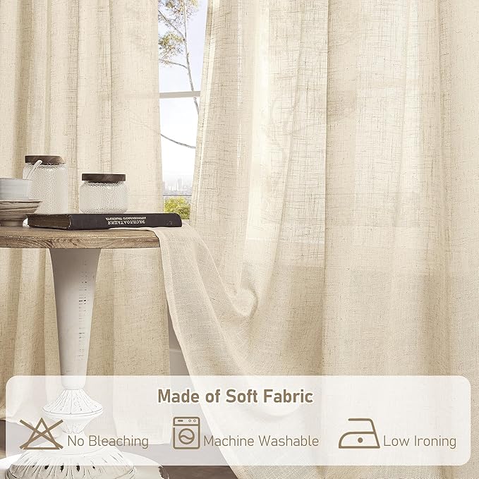 LAMIT Short Linen Curtains 40 Inch Length for Kitchen, Semi Sheer Light Filtering Window Curtains Farmhouse Boho Bronze Grommet Panels for Cafe/RV Camper, Linen, 2 Panels, 34 x 40 Inch