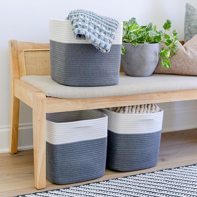 NaturalCozy Storage Cubes 11 Inch Cotton Rope Woven Baskets for Organizing, 3-Pack | Cube Storage Bin | Square Storage Baskets for Shelves Organizer, Classroom, Kids Toy Bins, Closet, Baby Nursery