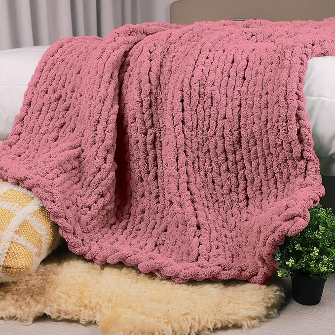 Carriediosa Chunky Knit Throw Blanket 60" X 80" Twin, 100% Hand Made Large Chenille Loop Yarn Soft Fluffy Throws for Couch Sofa Bed, Big Crochet Cozy Heavy Thick Cable Woven Blanket, Mauve
